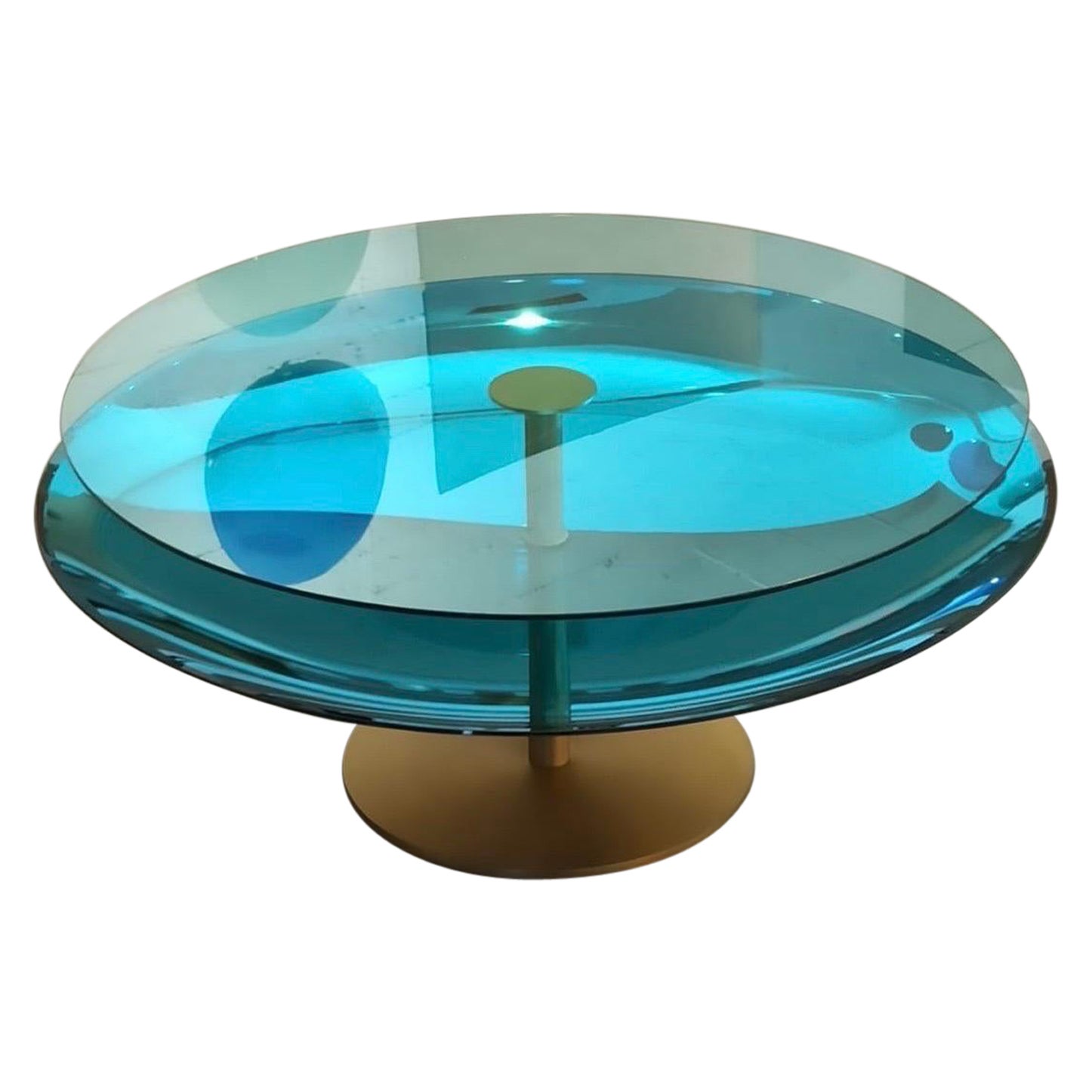 Extraordinaire table basse bleue concave à deux niveaux en verre