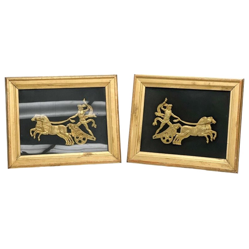 Pair Continental Gilt Bronze Roman Reliefs of Charioteers Framed c. 1900 For Sale
