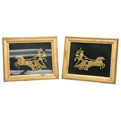 Pair Continental Gilt Bronze Roman Reliefs of Charioteers Framed c. 1900