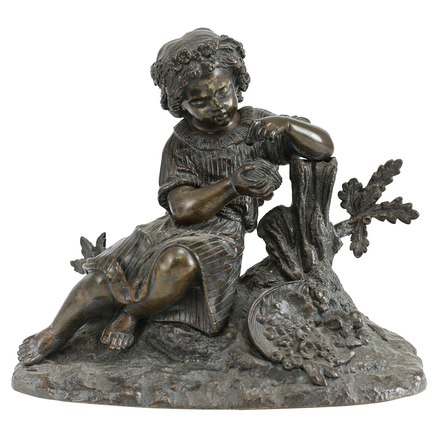 Patinated Bronze Figurative Sculpture Girl with Bird Egg & Nest, 19th Century