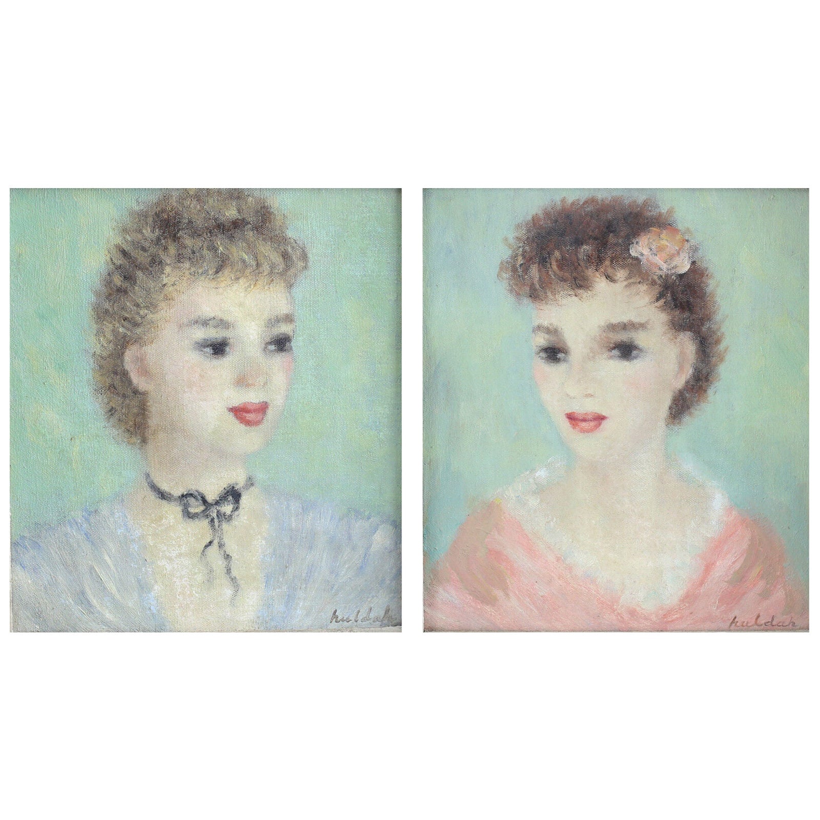Pair Portrait Oil Paintings Young Women by Cherry Jeffe Huldah