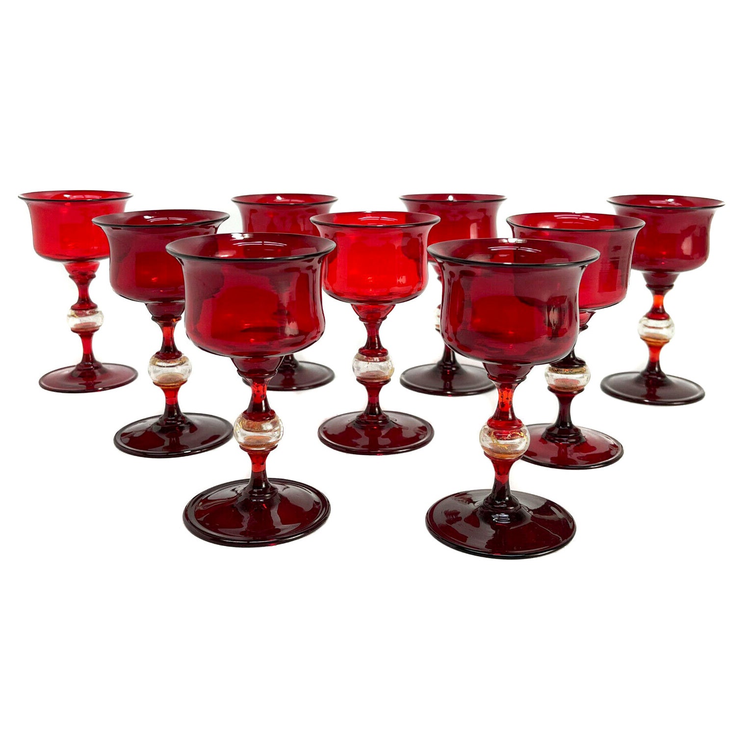 9 Venetian Cranberry Red & Gold Fleck Art Glass Sherry Wine Goblets, Salviati