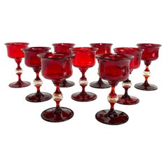 Vintage 9 Venetian Cranberry Red & Gold Fleck Art Glass Sherry Wine Goblets, Salviati
