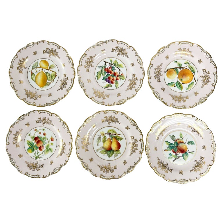 6 Minton Hand Painted Porcelain Dessert Plates Fruit Signed c. 1950
