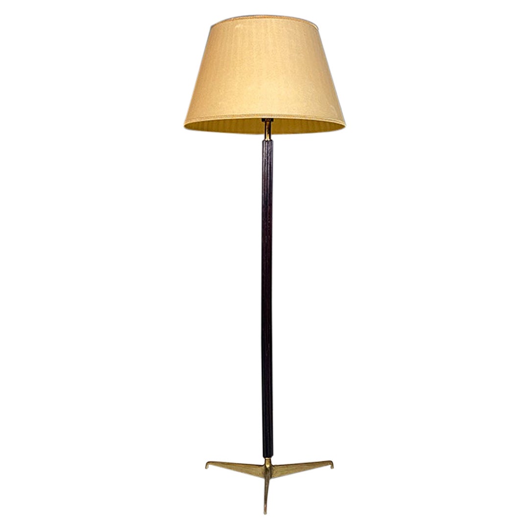 Italian Antique Floor Lamp with Wooden Stem Brass Base and Fabric Lampshade 1900 For Sale