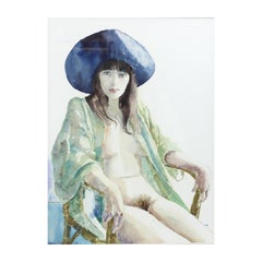 Aquarelle de David Remfry représentant une jeune fille nue assise, signée