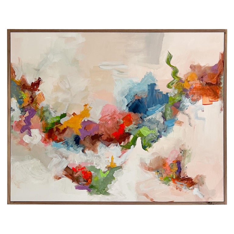 Large Modern Abstract Art/Painting with Walnut Frame, Acrylics on Canvas For Sale at 1stDibs