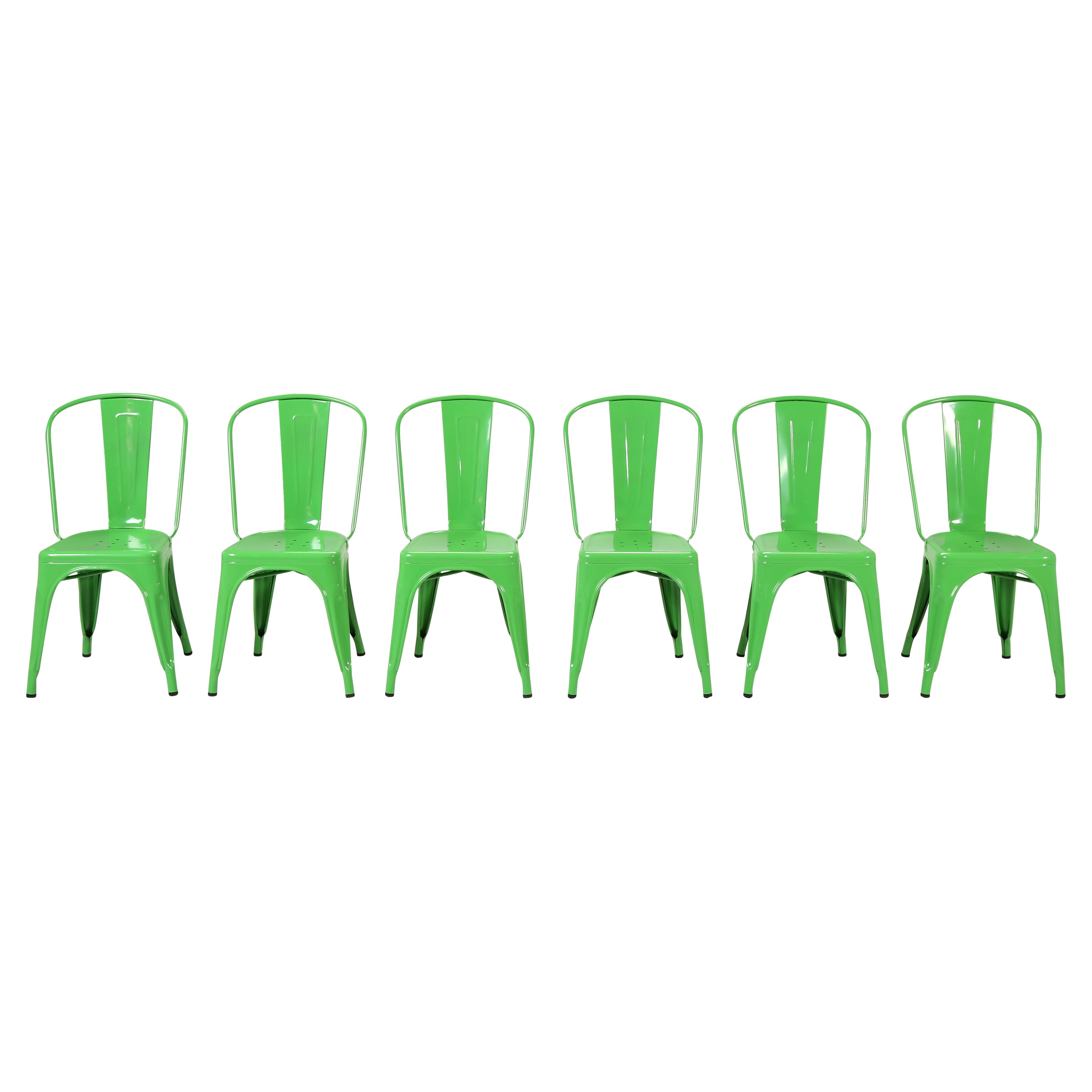 Ensemble authentique de 6 chaises en acier vert vif Tolix, éclaboussures cosmétiques