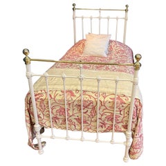 Antique English Victorian Single Iron & Brass Bedstead Finished in off White