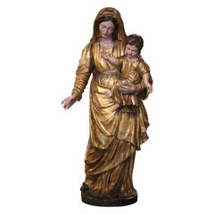 18th Century French Carved Giltwood and Polychrome "Mother and Child" Statue