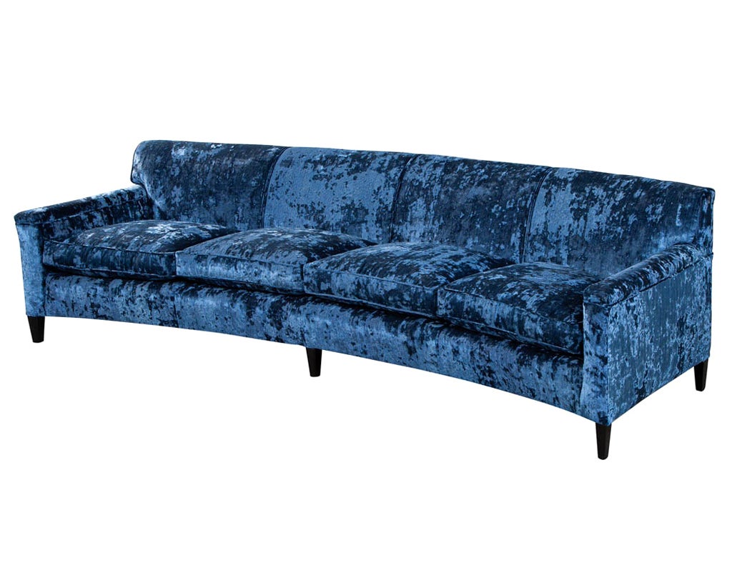 Restored Vintage Mid-Century Modern Blue Velvet Curved Sofa For Sale