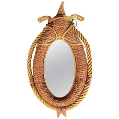 Unusual Nautical Oval Mirror by Audoux Minet in Rope and Leather