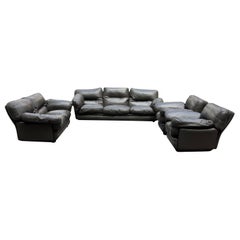 Mid-Century Modern Living Room Set by Paltrona Frau Gray Leather, Italy, 1970s