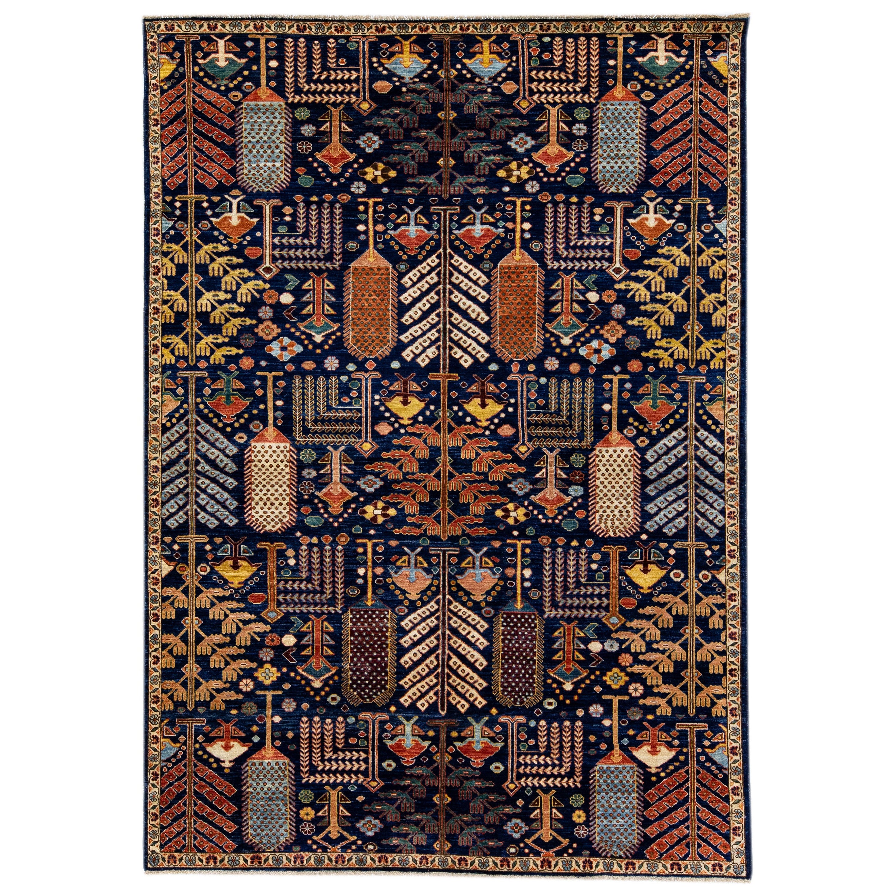 Moderner handgefertigter Wollteppich im Bidjar-Stil in Marineblau mit geometrischem Muster