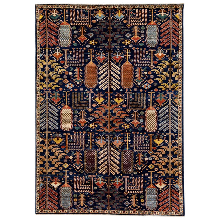 Modern Bidjar Style Navy Blue Handmade Geometric Designed Wool Rug For