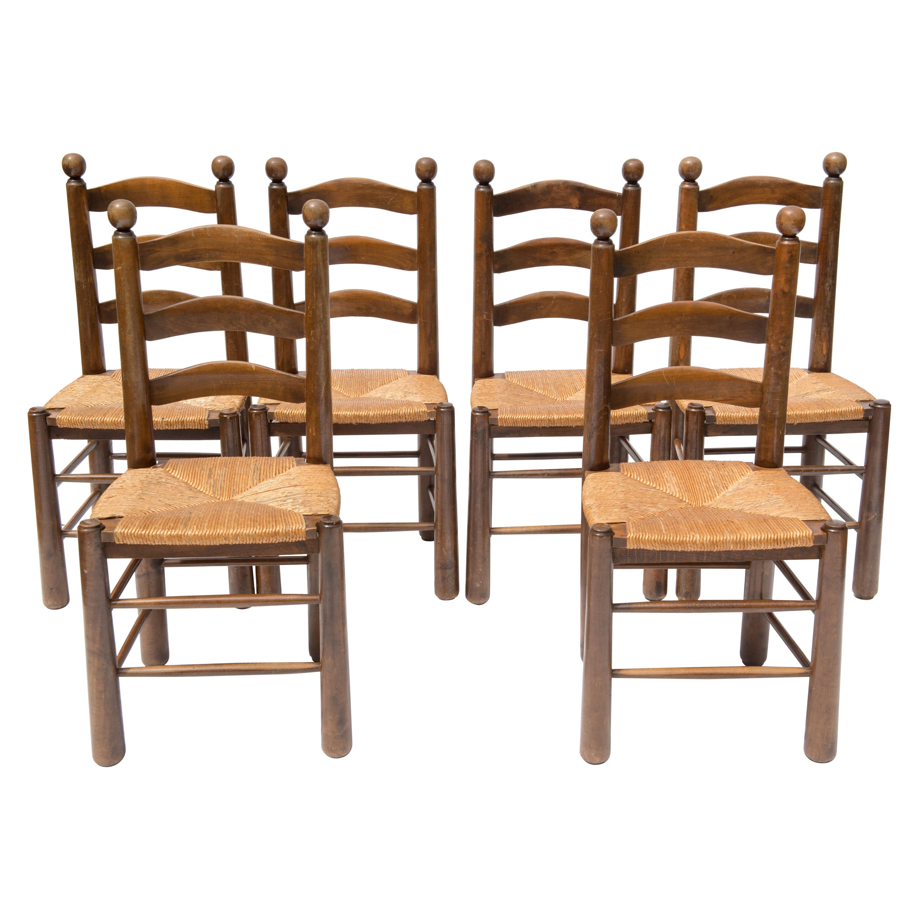 Set of Six French Rustic Ladder Back Dining Chairs, 1960s