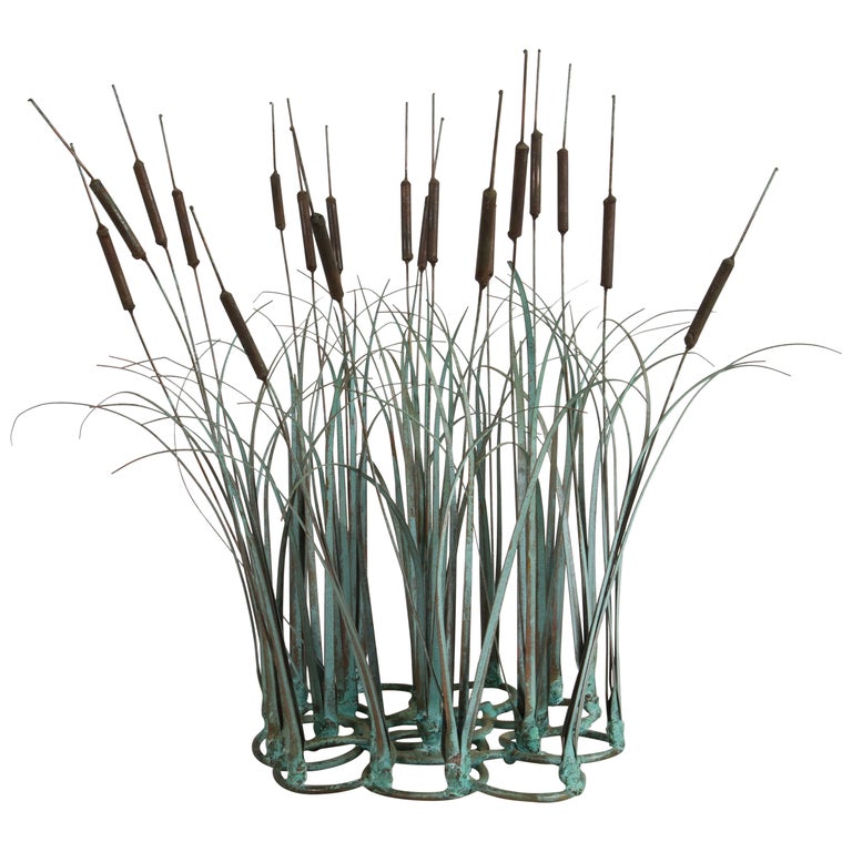 1970s Brutalist Mid-Century Patinated Bronze & Copper Cattail Kinetic Sculpture For Sale