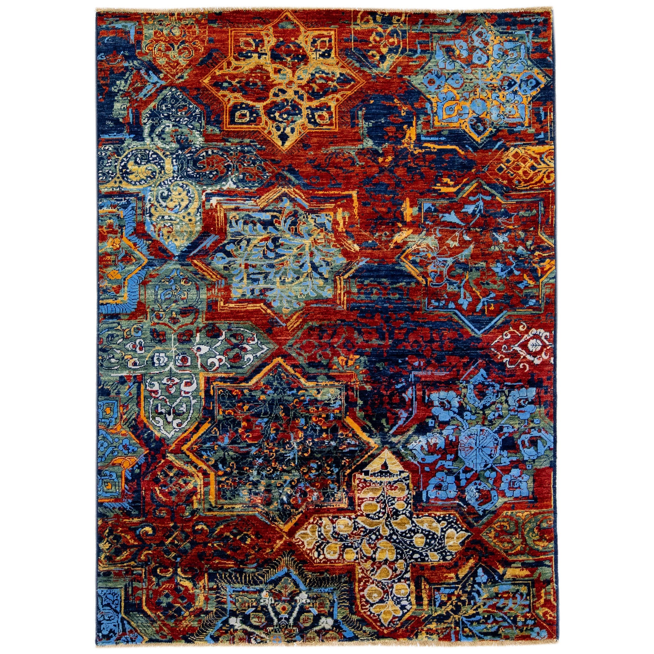 Modern Transitional Abstract Handmade Blue & Orange Silk Rug For Sale
