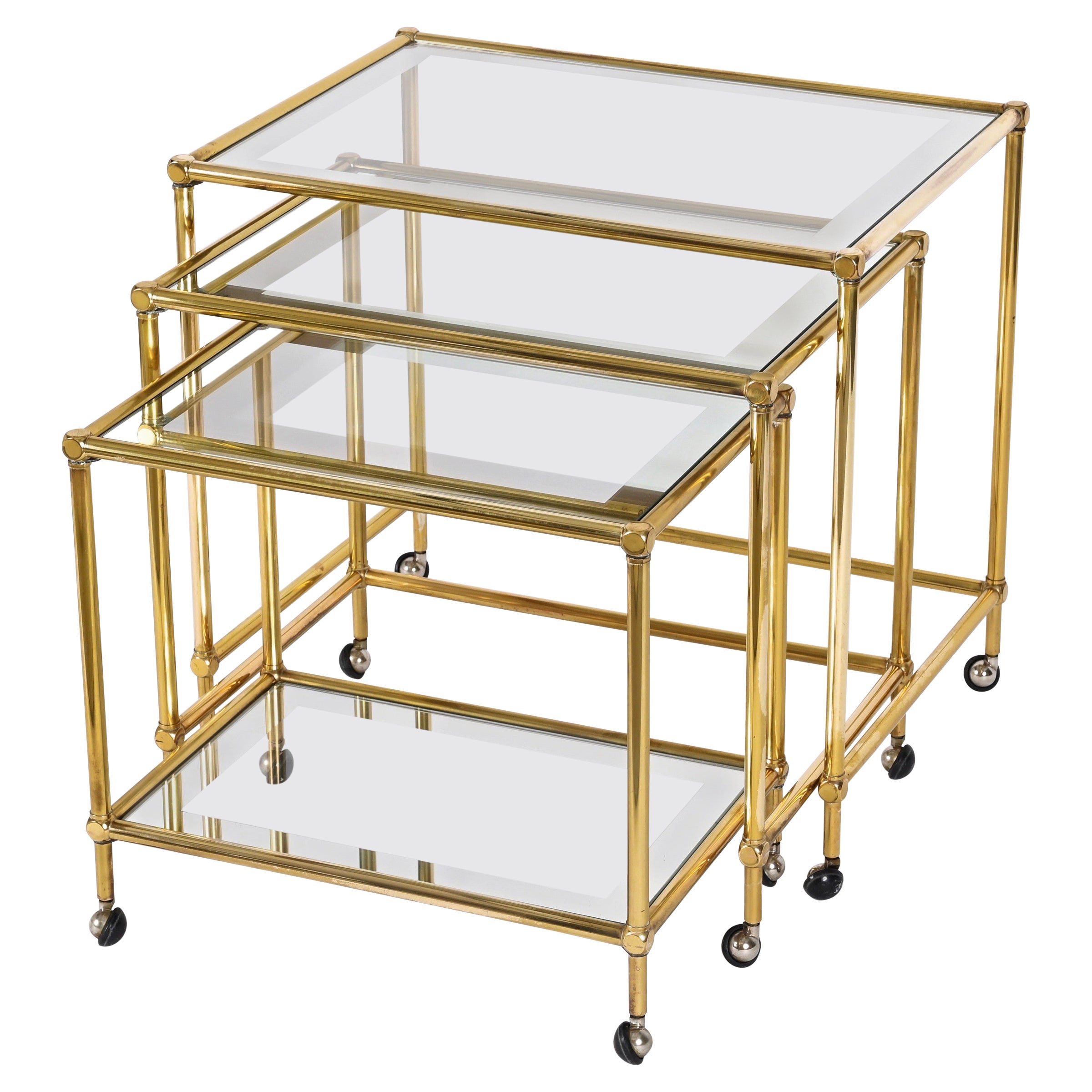 Set of Brass Mirrored Border with Glass Top Nesting Tables, Maison Jansen, 1970s