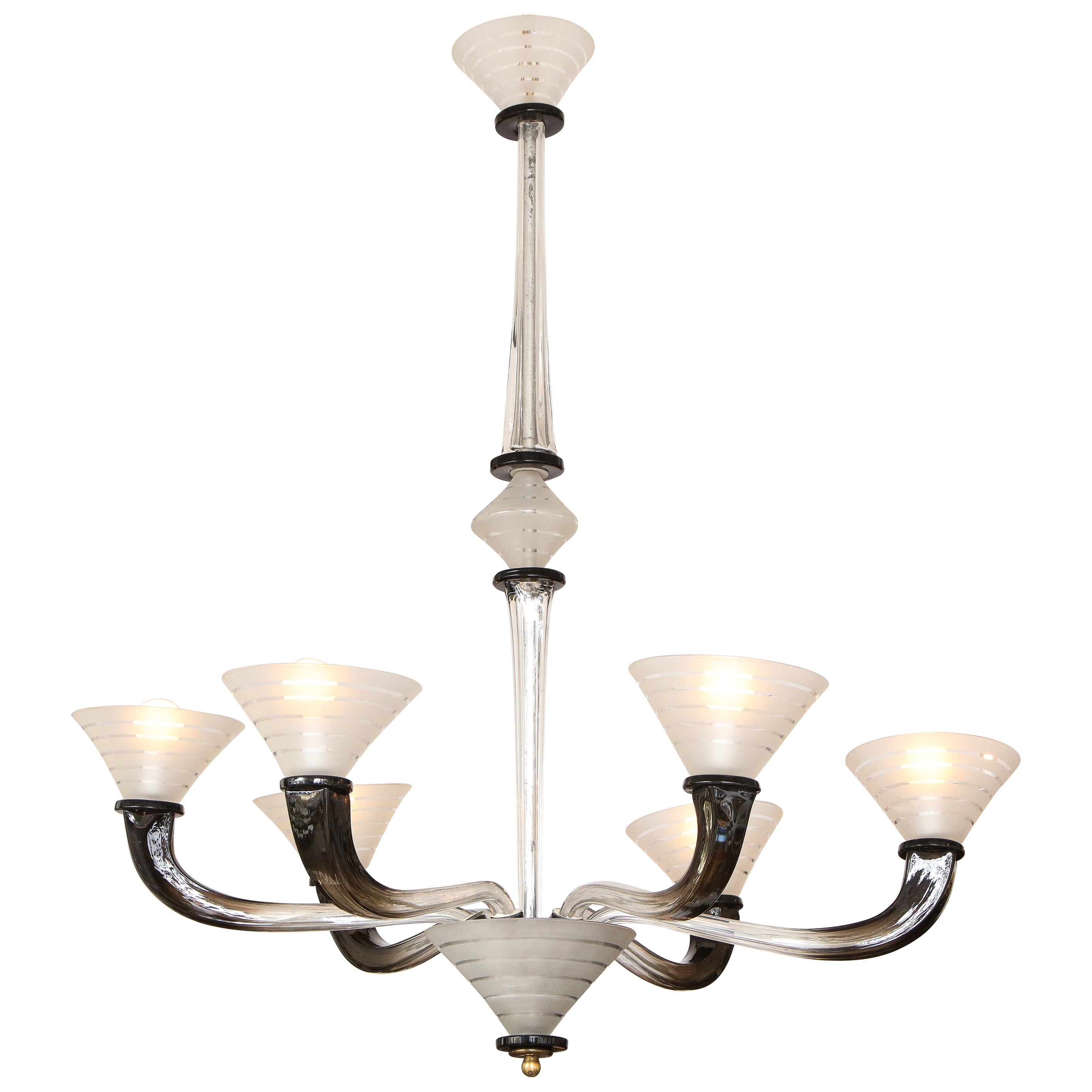 Italian Art Deco Frosted Glass Six Arm Chandelier, circa 1940's For Sale