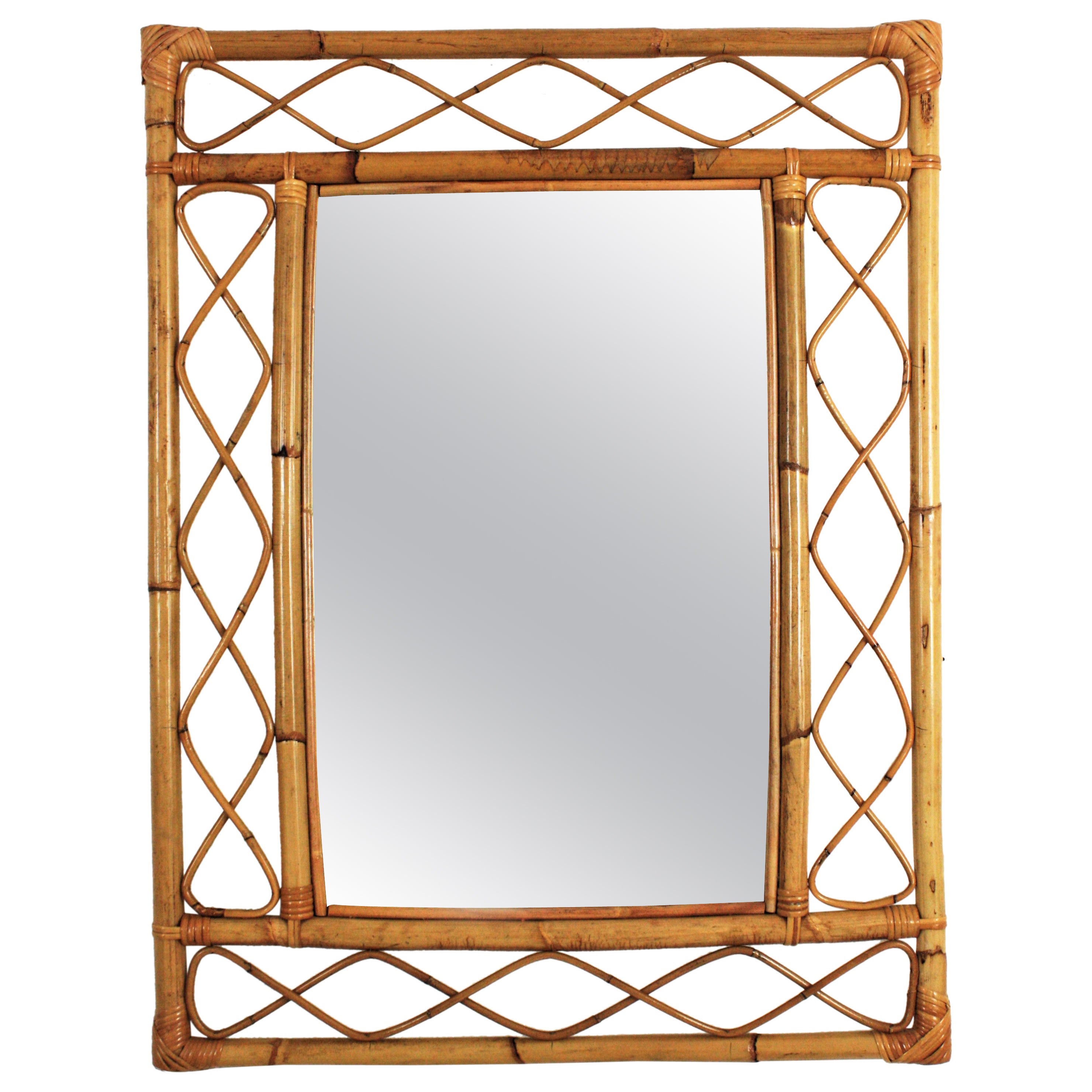 Rattan Bamboo Franco Albini Style Rectangular Mirror For Sale at 1stDibs