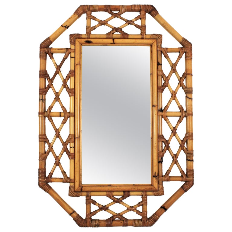 Rattan Bamboo Large Octagonal Wall Mirror, 1960s at 1stDibs