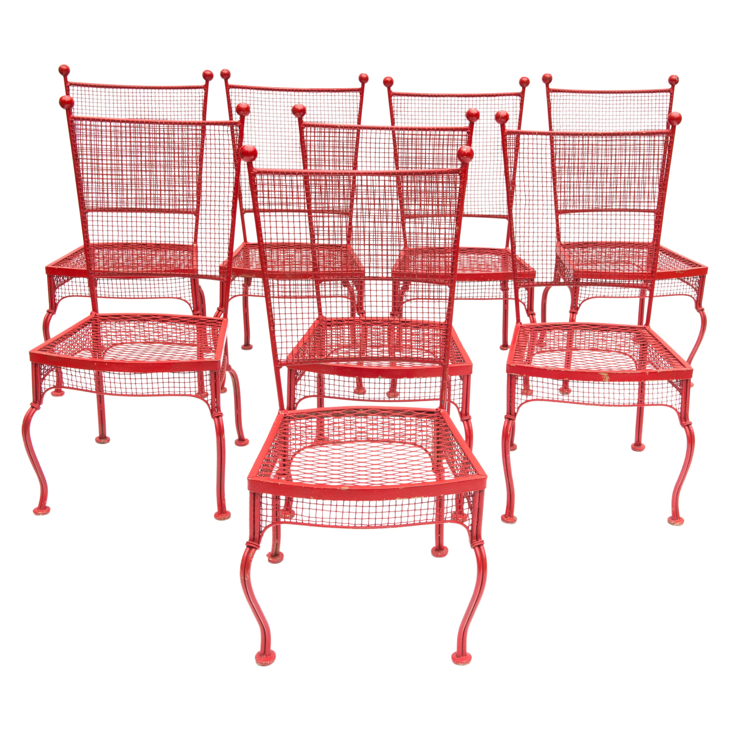 Ensemble de huit chaises à manger en métal rouge Woodard du milieu du siècle dernier en vente