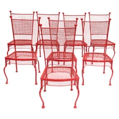 Set of Eight Red Mid Century Woodard Metal Dining Chairs