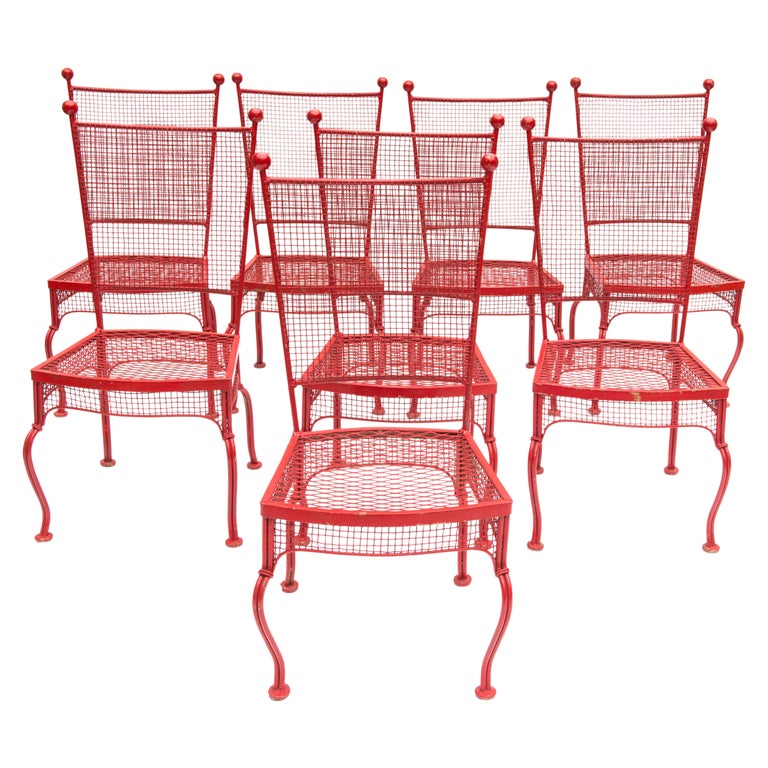 Set of Eight Red Mid Century Woodard Metal Dining Chairs For Sale