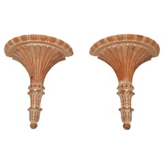 Pair Italian Florentine Vintage Hand Carved Wood Wall Shelf Brackets Sconces