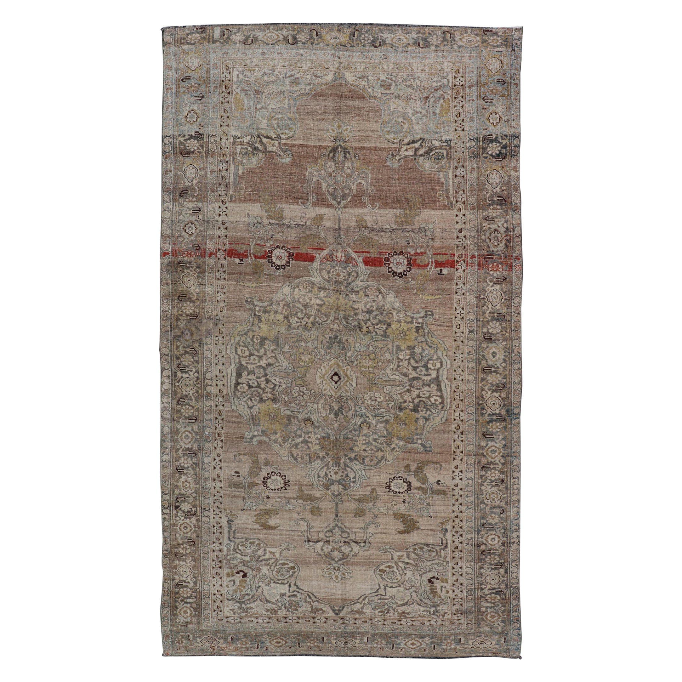  Antique Persian Bidjar Rug with Large Floral Medallion and Vining Floral