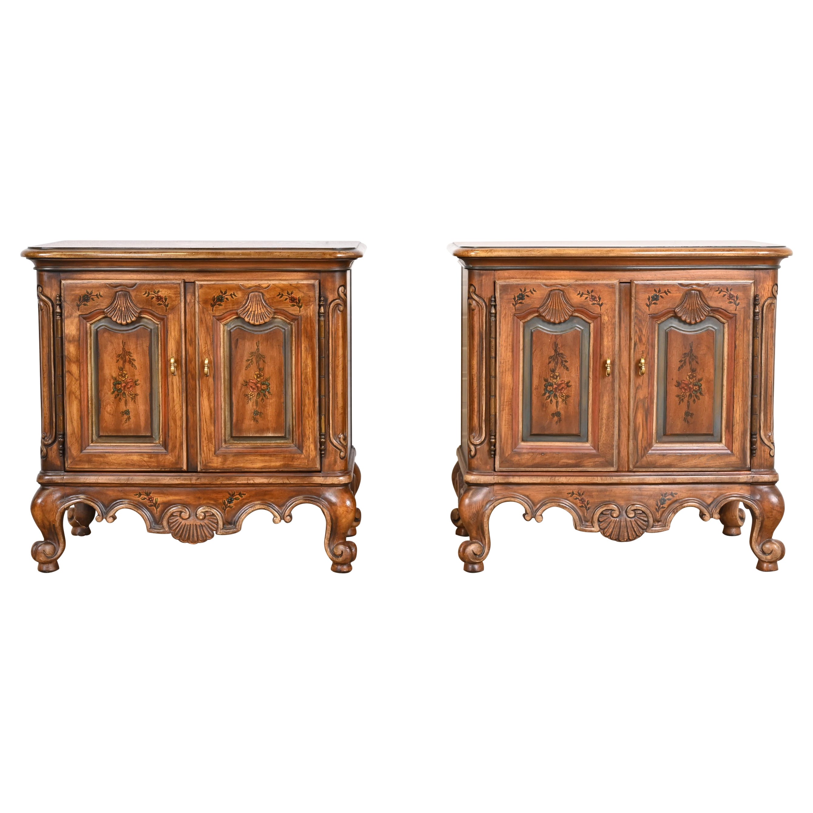 Drexel Heritage French Provincial Louis XV Carved Walnut Nightstands, Pair