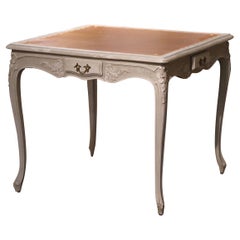Mid-Century French Louis XV Carved Grey Painted Leather Top Game Table