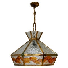 Vintage Brutalist Hand Painted Stained Glass Pendant Light Fixture