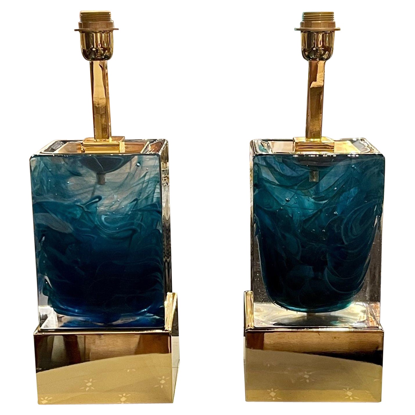 Modern Turquoise Murano Glass Block Lamps For Sale
