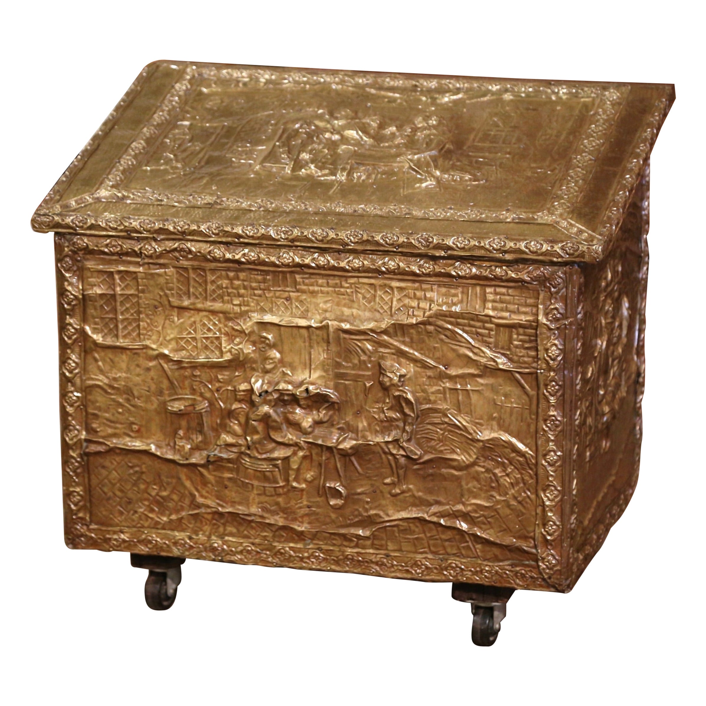 Early 20th Century French Repousse Brass and Wooden Firewood Box on Wheels For Sale
