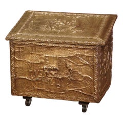 Used Early 20th Century French Repousse Brass and Wooden Firewood Box on Wheels