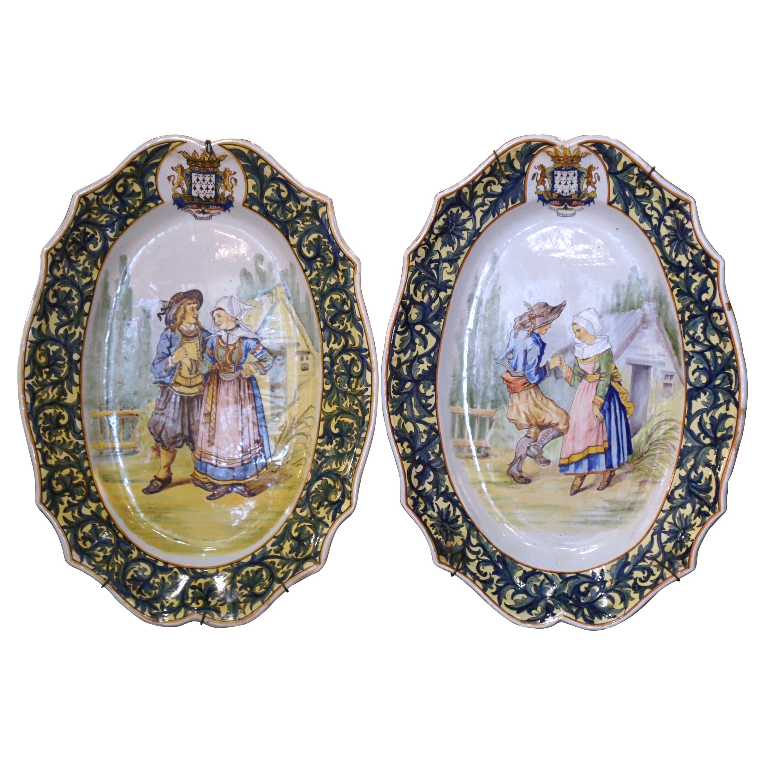 Pair 19th Century French Painted Faience Porquier Beau Quimper Wall Platters For Sale
