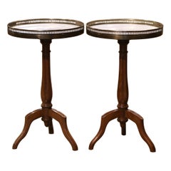 Pair of Early 20th Century Marble Top Walnut and Brass Pedestal Martini Tables