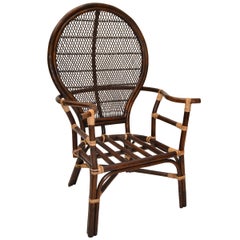 Dark Bent Bamboo & Cane Armchair Handwoven Wingback Chair Bohemian American  