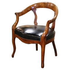 19th Century French Louis Philippe Carved Elm and Black Leather Desk Armchair
