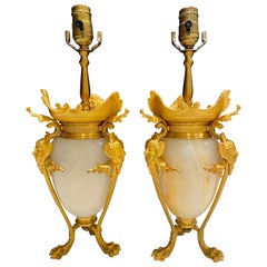 Pair of French Gilt Bronze and Onyx Urns as Lamps