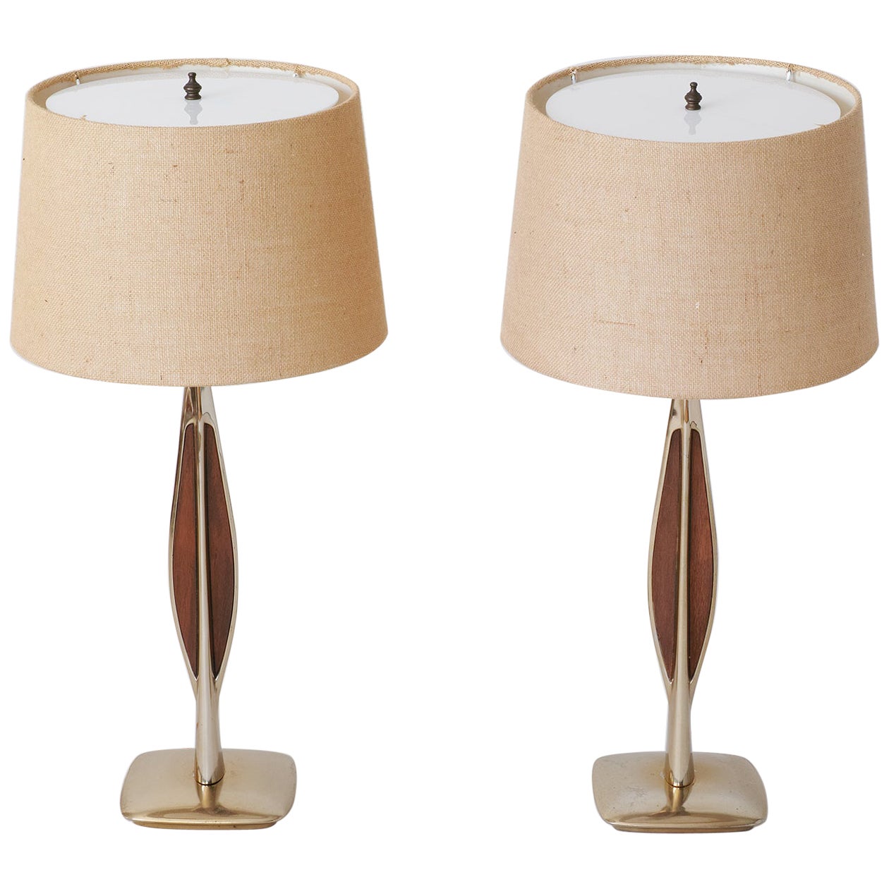 Mid-Century Modern Brass and Wood Table Lamps by Laurel