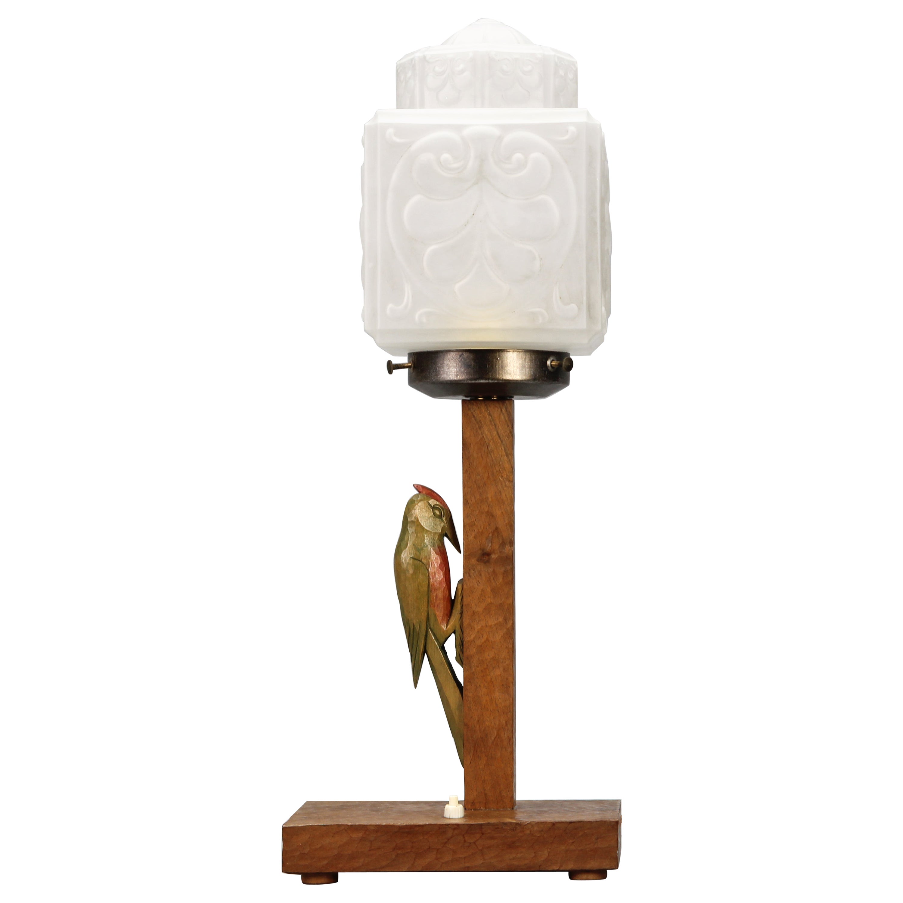 German Art Deco Wooden and Frosted Glass Table Lamp with a Woodpecker For Sale