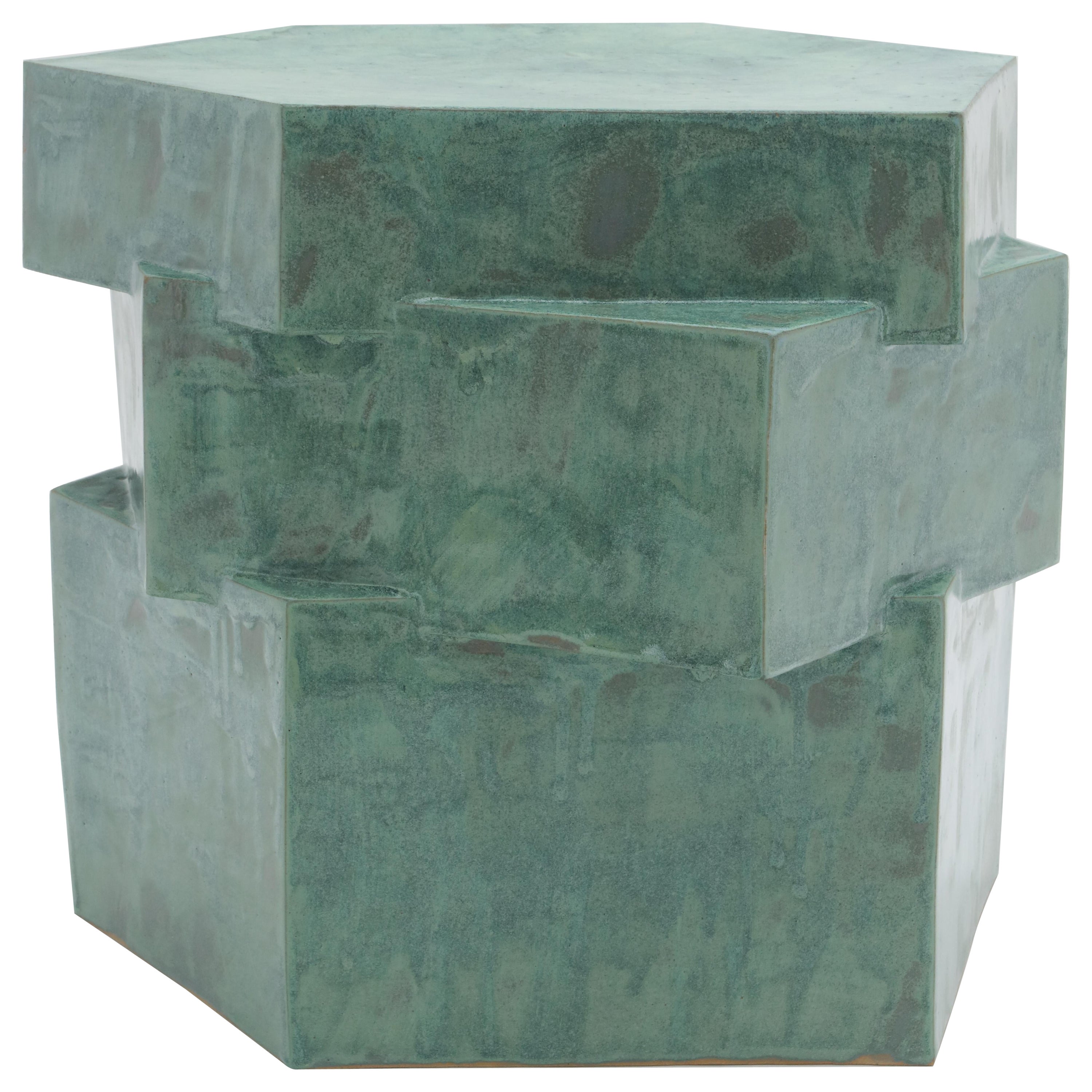 Triple Tier Ceramic Hex Side Table in Jade by Bzippy For Sale