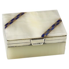 London Sterling Silver & Grey White Onyx Box W/ Lapis & Agate Stripe Inlay, 1921