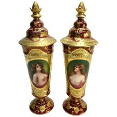 Pair Royal Vienna Austrian Porcelain Lidded Urns, Partially Nude Beauties