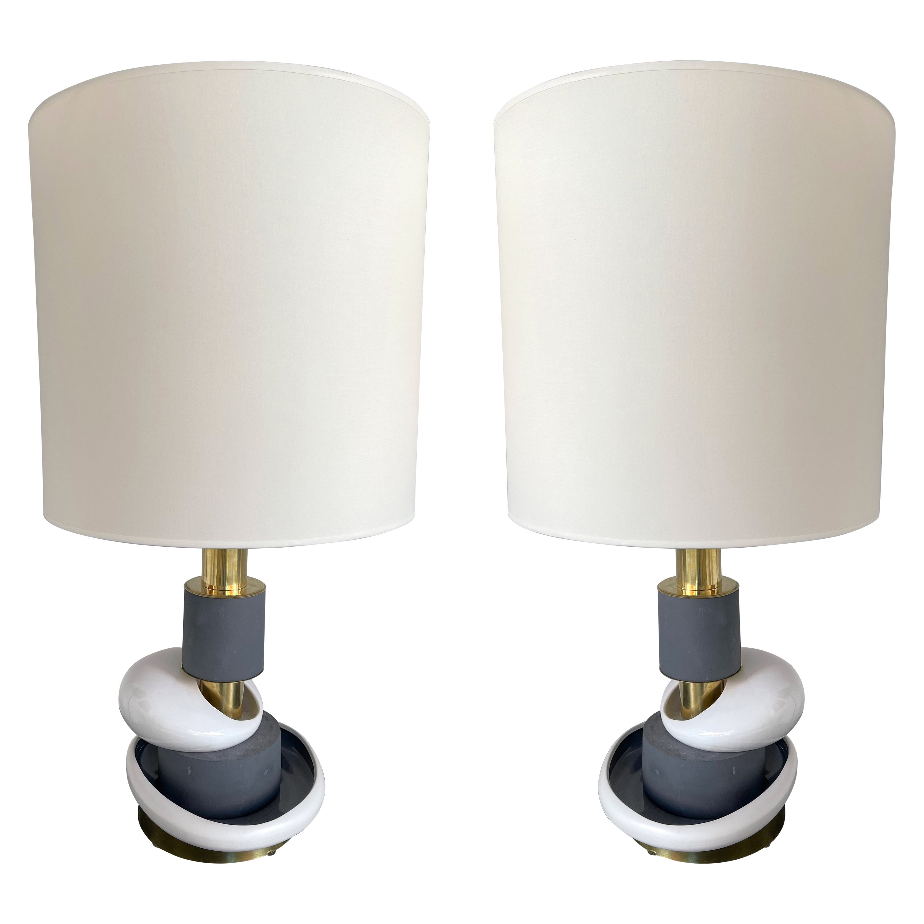 Contemporary Pair of Sculptural Brass Ceramic Stone Lamps, Italy