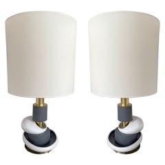 Contemporary Pair of Sculptural Brass Ceramic Stone Lamps, Italy