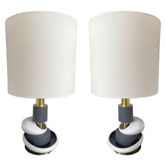 Contemporary Pair of Sculptural Brass Ceramic Stone Lamps, Italy